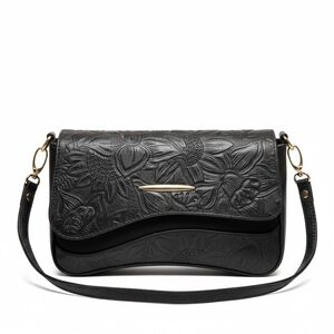 2 Straps Set Black Embossed Tooled Artisan LEATHER Shoulder Bag Crossbody Purse